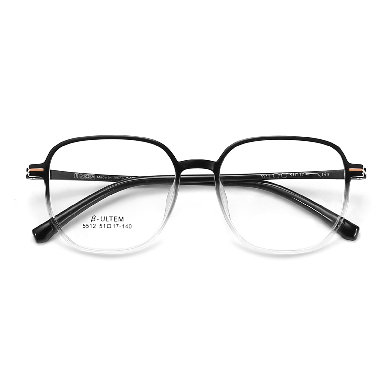 5512 สีดำไล่ระดับสีขาวกรอบสี่เหลี่ยมทังสเตนไทเทเนียมพลาสติกเหล็กแว่นตา TR90